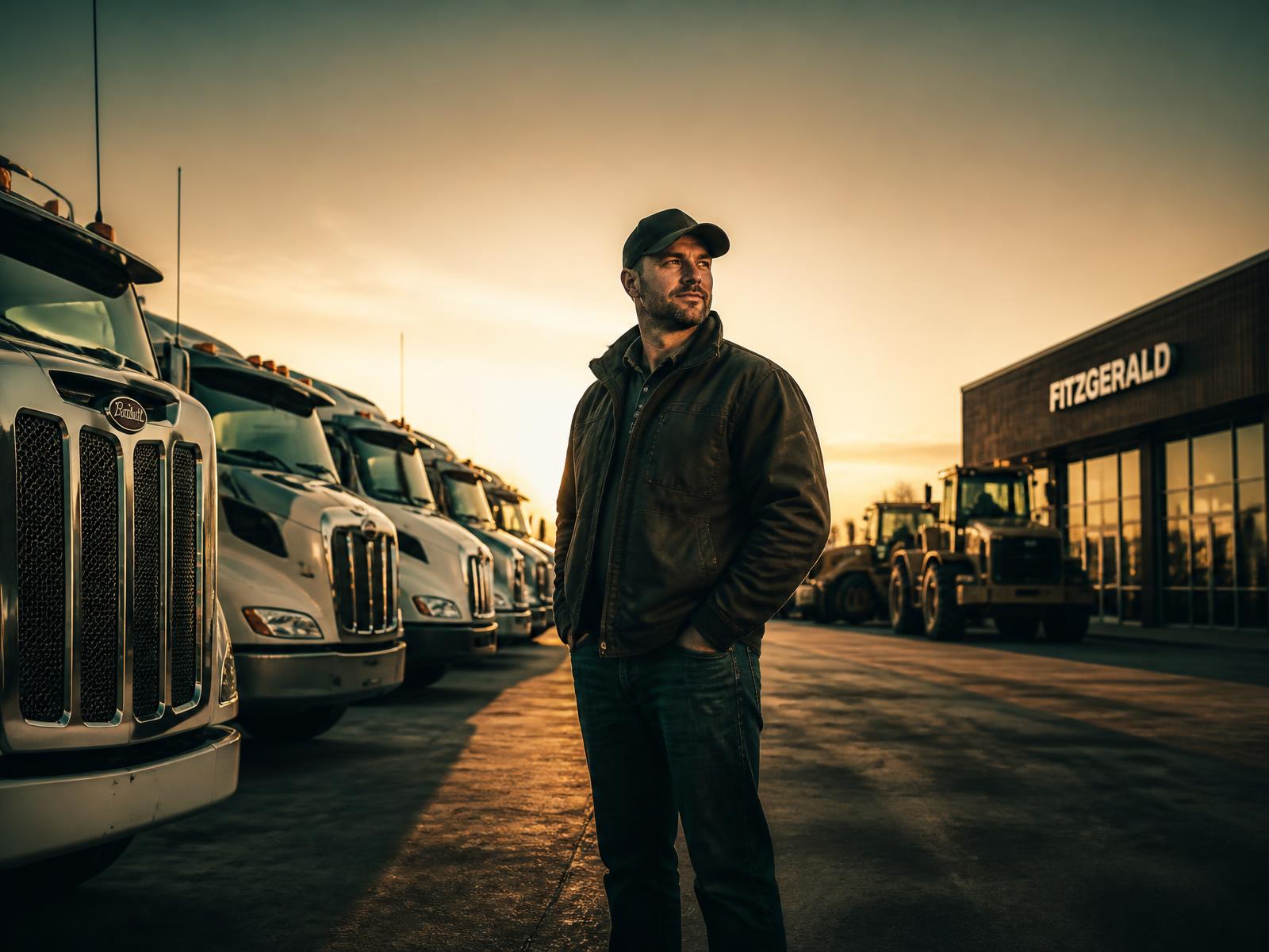 Commercial trucks and heavy equipment lined up on a dealership lot at sunrise